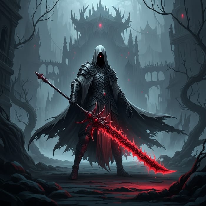 Soul Reaver: Dark Cloaked Figure with Haunting Scarlet Glowing Blade Soul Reaver: Dark Cloaked Figure with Haunting Scarlet Glowing Blade