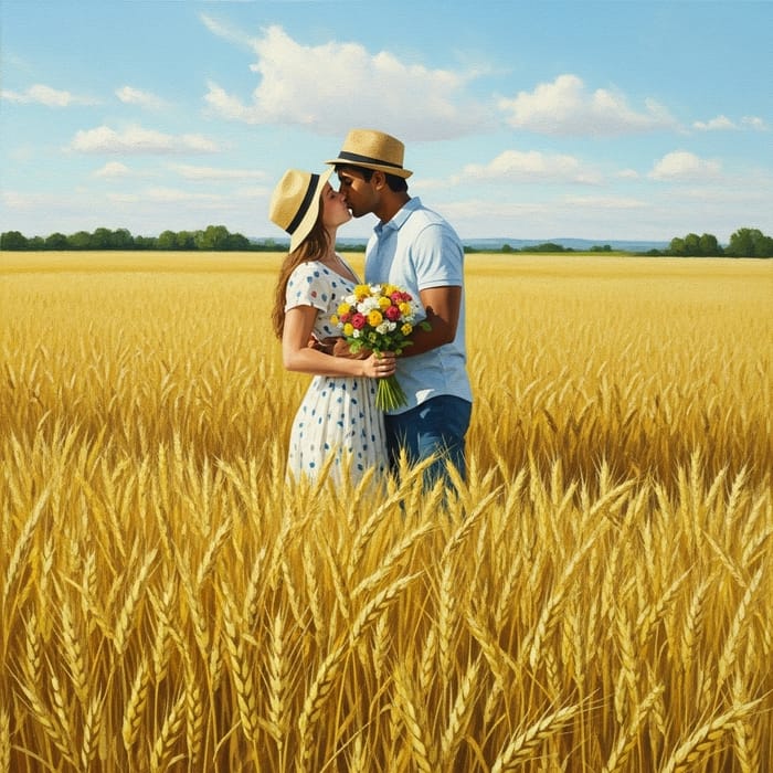 Romantic Wheat Field Kiss Painting | Art Scene