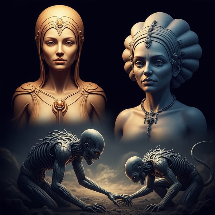 Ultra-Realistic Cinematic Scene with Detailed Faces and Alien Mother Ultra-Realistic Cinematic Scene with Detailed Faces and Alien Mother
