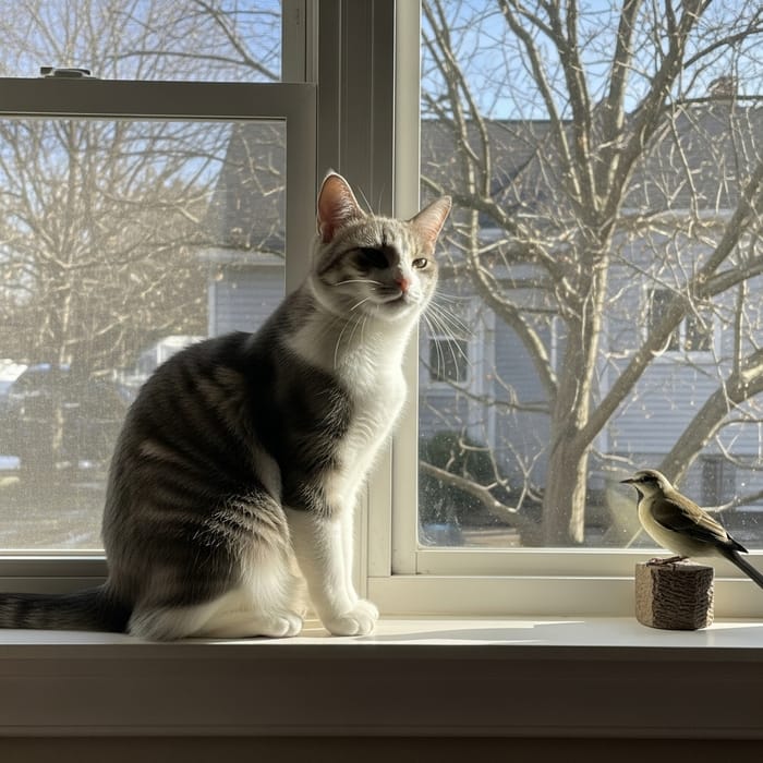 Tranquil Cat on Window Sill with Bird