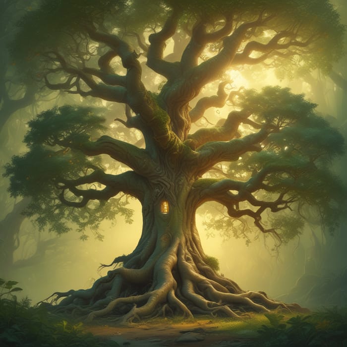 Ethereal Ancient Tree in Mystical Forest Art