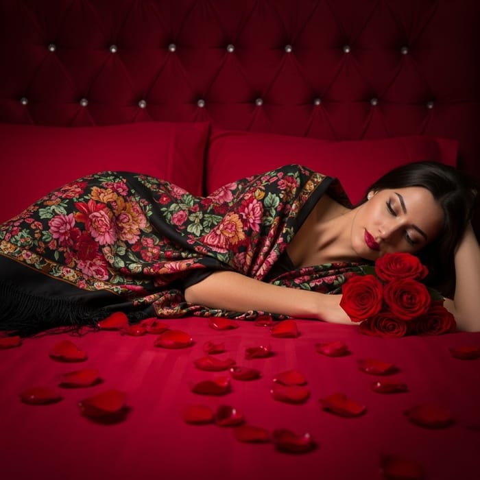 Nude Woman on Red Bed with Rose Petals - Sensual Elegance