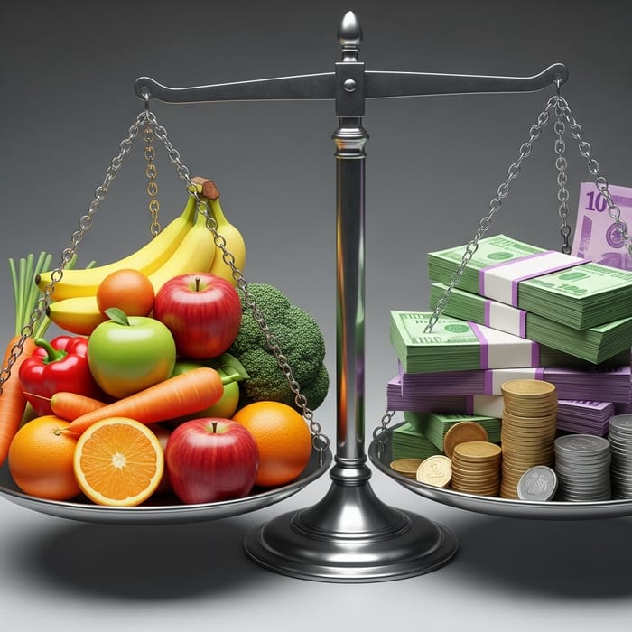 Balanced Health, Wealth: Fruits, Vegetables, Money Balanced Health, Wealth: Fruits, Vegetables, Money