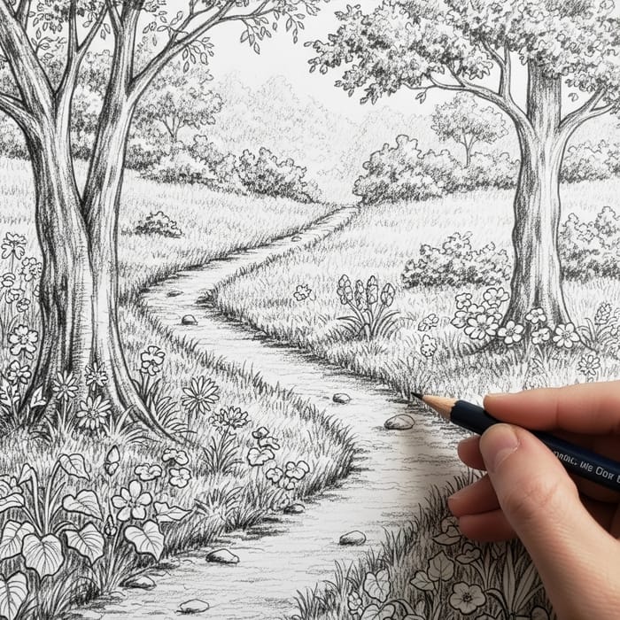 Intricate Graphite Pencil Drawing of Nature-Inspired Path