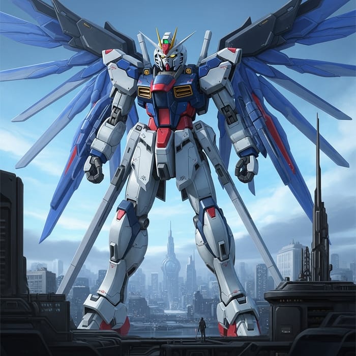 Gundam Stands Tall in Futuristic Cityscape Gundam Stands Tall in Futuristic Cityscape