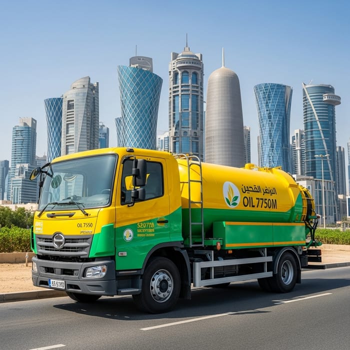 Eco-Friendly Truck Collecting Used Cooking Oil in Vibrant Doha Eco-Friendly Truck Collecting Used Cooking Oil in Vibrant Doha