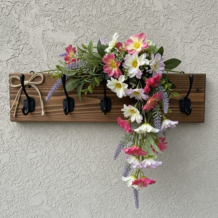 Handcrafted Wooden Coat Rack with Floral Accents | Wall Decor