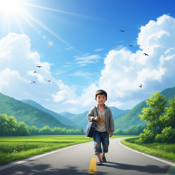 Serene Chinese Boy in Old Clothes with Schoolbag on Country Road
