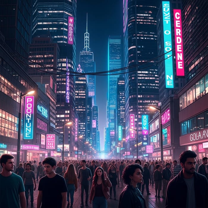 Cyberpunk Cityscape with Neon Lights and Towering Skyscrapers Cyberpunk Cityscape with Neon Lights and Towering Skyscrapers