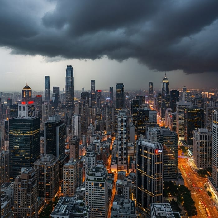 Urban Resilience: Bright City Lights in Stormy Weather