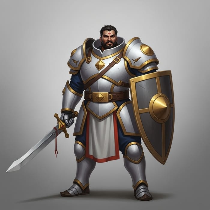 Strong Warrior in White Armor with Sword and Shield Strong Warrior in White Armor with Sword and Shield