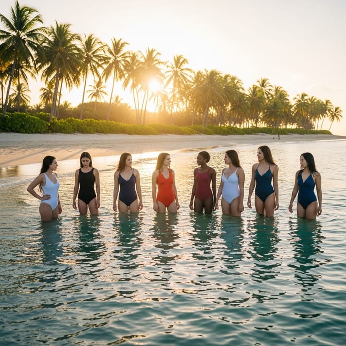 Tranquil Reflections: Serene Women in Golden Twilight on a Palm Beach Tranquil Reflections: Serene Women in Golden Twilight on a Palm Beach