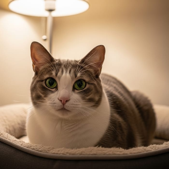 Charming Grey Cat Relaxing in Soft Bed