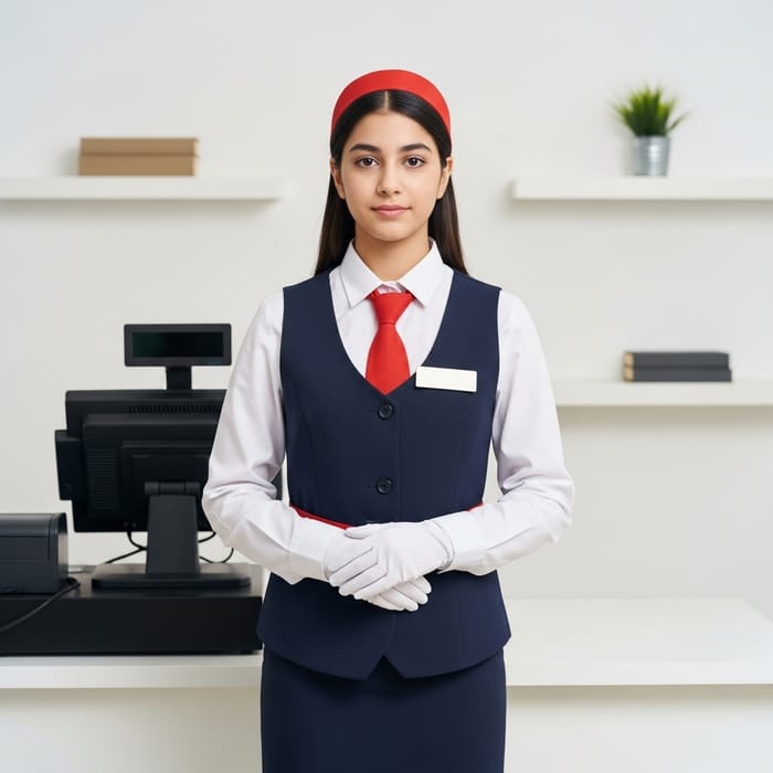 16-Year-Old Cashier in Special Uniform | Full-Length Standing Pose 16-Year-Old Cashier in Special Uniform | Full-Length Standing Pose