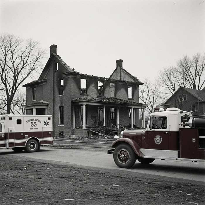 Devastating Fire Destroys Two-Story Brick House in 1920s American Town Devastating Fire Destroys Two-Story Brick House in 1920s American Town