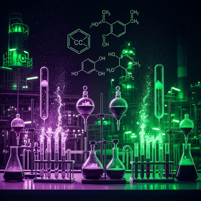 Vibrant Chemical Reactions at Modern Oil Refinery Lab Vibrant Chemical Reactions at Modern Oil Refinery Lab