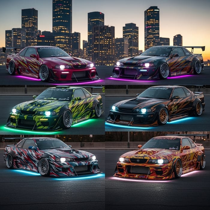 Tuned Cars Display in City with Vibrant Paint Jobs
