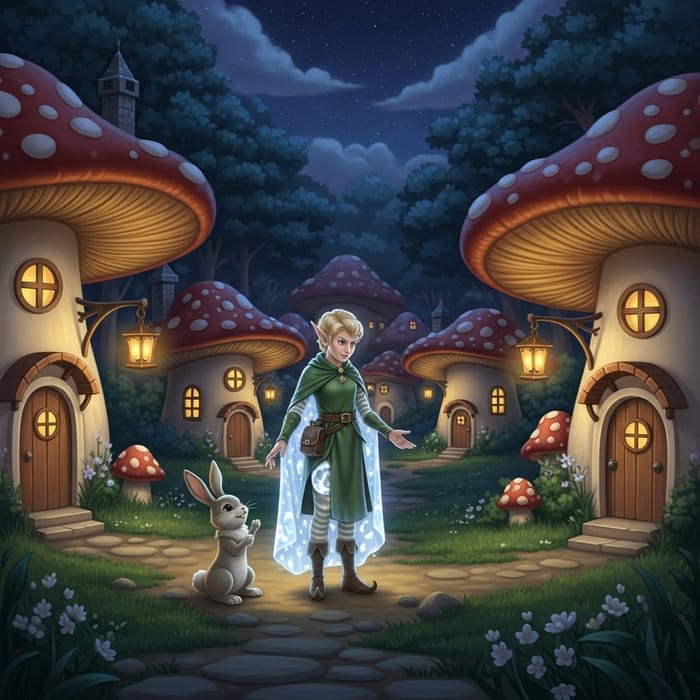 Magical Mushroom Village: Enchanting Nighttime Scene with Elf and Bunny Magical Mushroom Village: Enchanting Nighttime Scene with Elf and Bunny