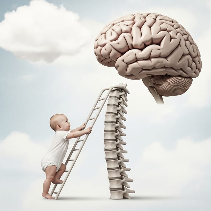 Baby Climbing Spinal Cord Ladder to Brain | Surreal Illustration Baby Climbing Spinal Cord Ladder to Brain | Surreal Illustration