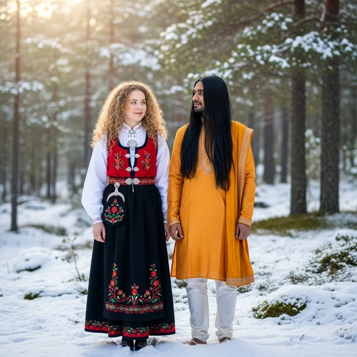 Scandinavian Girl and Man in Snowy Landscape Scandinavian Girl and Man in Snowy Landscape