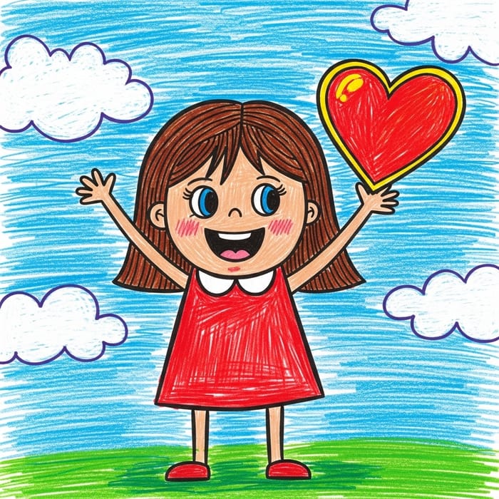 Vivid and Cute Cartoon Girl Holding Heart Drawing