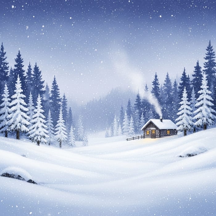 Serene Winter Scene with Charming Cabin - Snowy Bliss Serene Winter Scene with Charming Cabin - Snowy Bliss