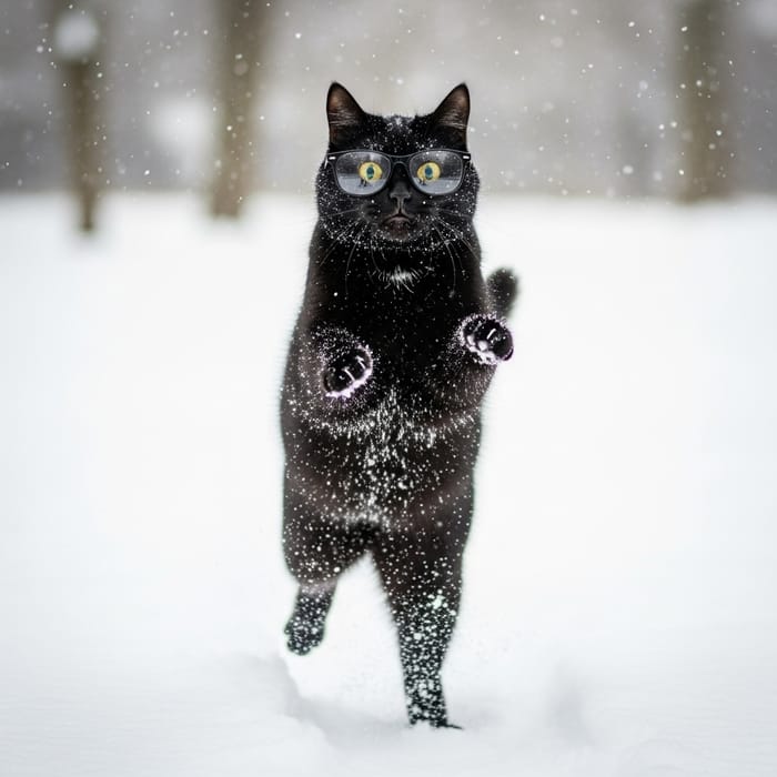 Playful Black Cat in Glasses Leaping on Snowy Ground Playful Black Cat in Glasses Leaping on Snowy Ground