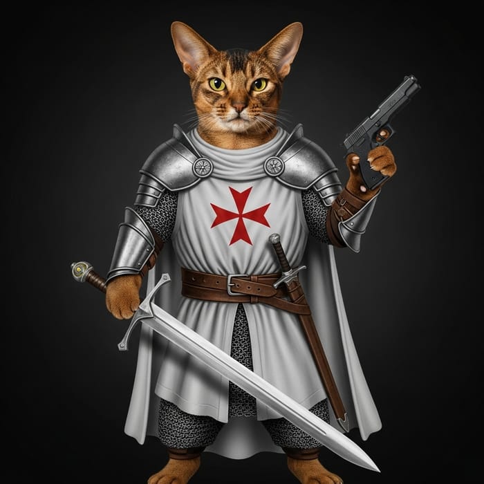 Abyssinian Cat Templar Warrior with Sword and Gun Abyssinian Cat Templar Warrior with Sword and Gun
