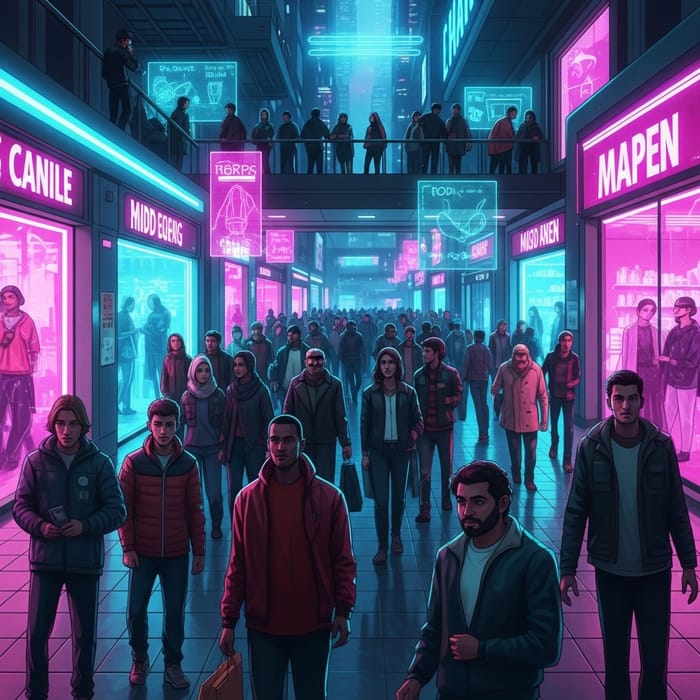 Futuristic Cyberpunk Virtual Shopping Mall: Neon Lights & Digital Shoppers