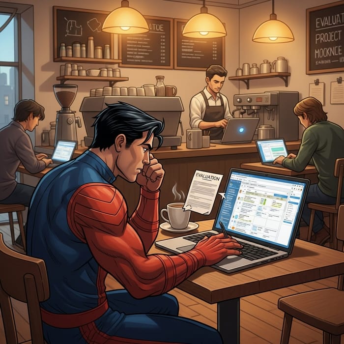 Superhero Superman Doing Project Evaluation with MS Project at Cafe Superhero Superman Doing Project Evaluation with MS Project at Cafe