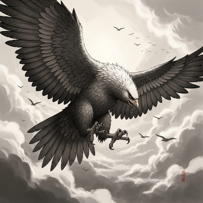 Majestic Semurg: Detailed Ink Wash Painting in Tumultuous Sky