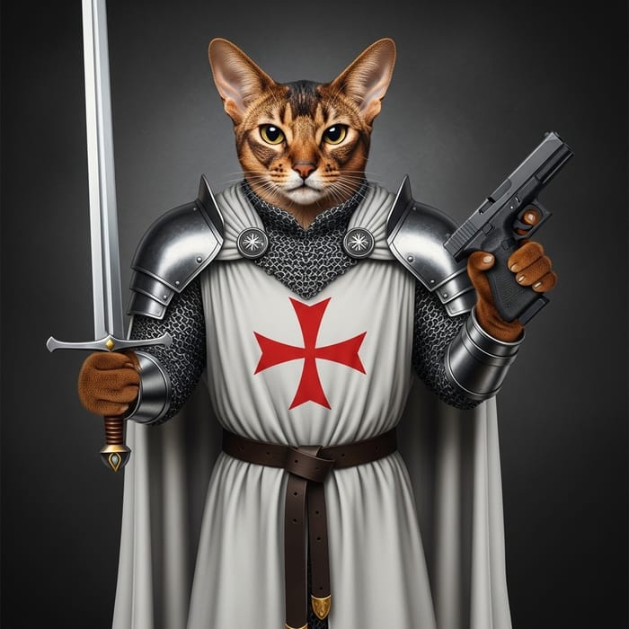 Abyssinian Cat in Chain Armor with Sword and Gun Abyssinian Cat in Chain Armor with Sword and Gun