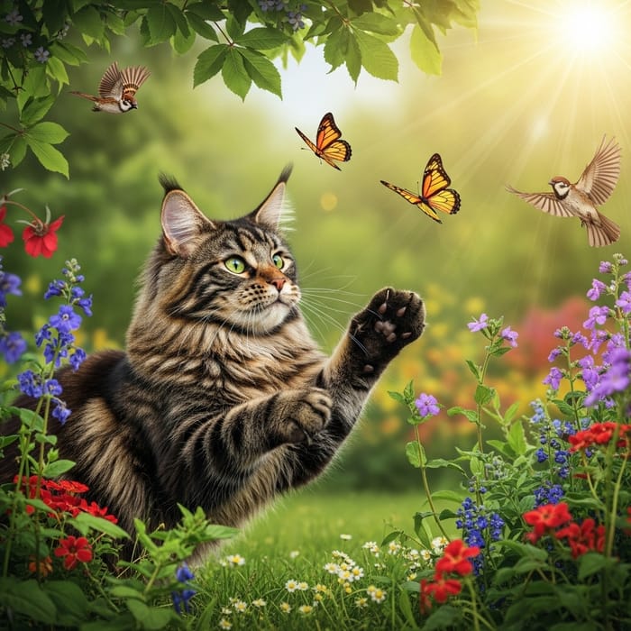 Playful Cat Chasing Butterflies in Garden
