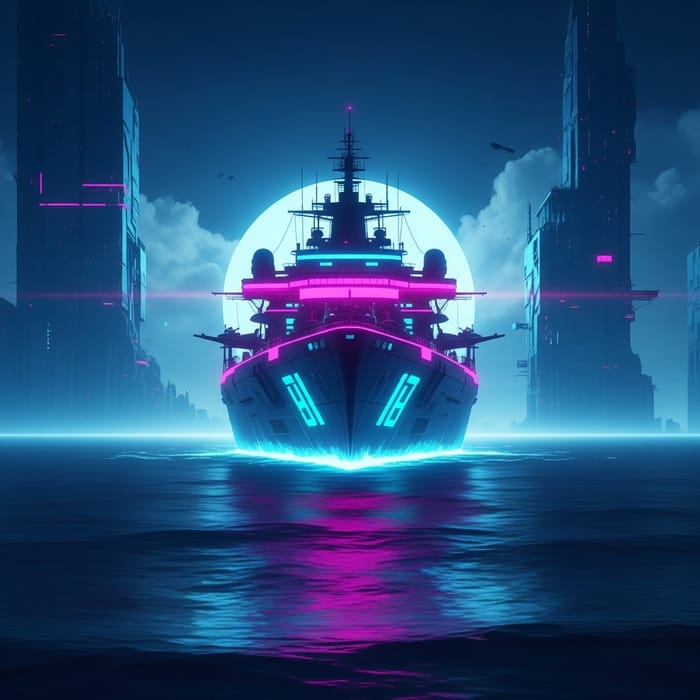 Mysterious Neon Ship in Vibrant Futuristic Seascape