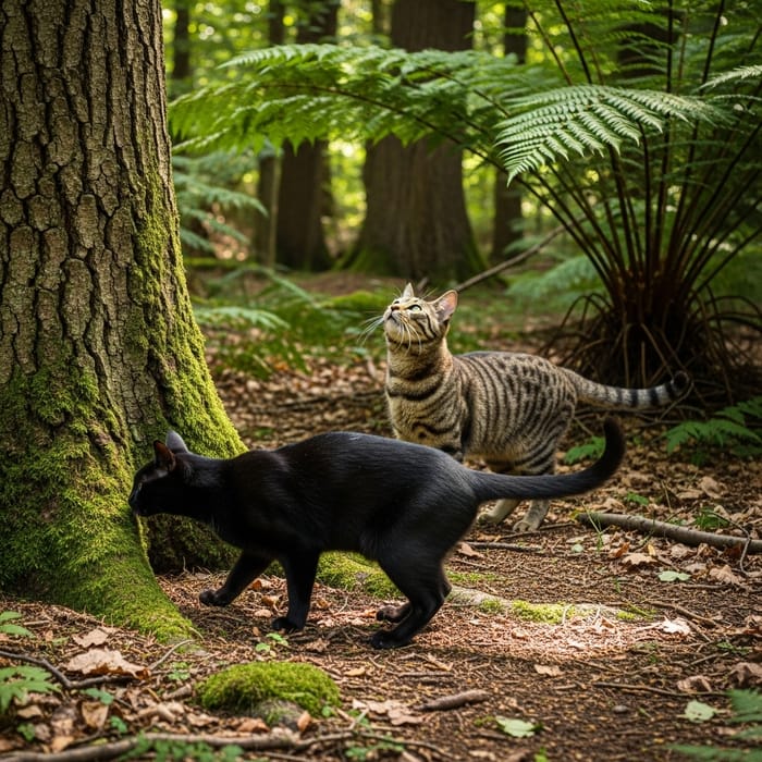 Cat Parents Searching for Their Kitten in the Forest Cat Parents Searching for Their Kitten in the Forest