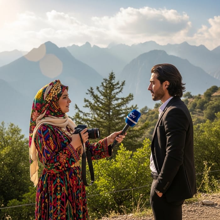 Kurdish Journalist in Traditional Attire Interviewing in Mountainous Scenery Kurdish Journalist in Traditional Attire Interviewing in Mountainous Scenery