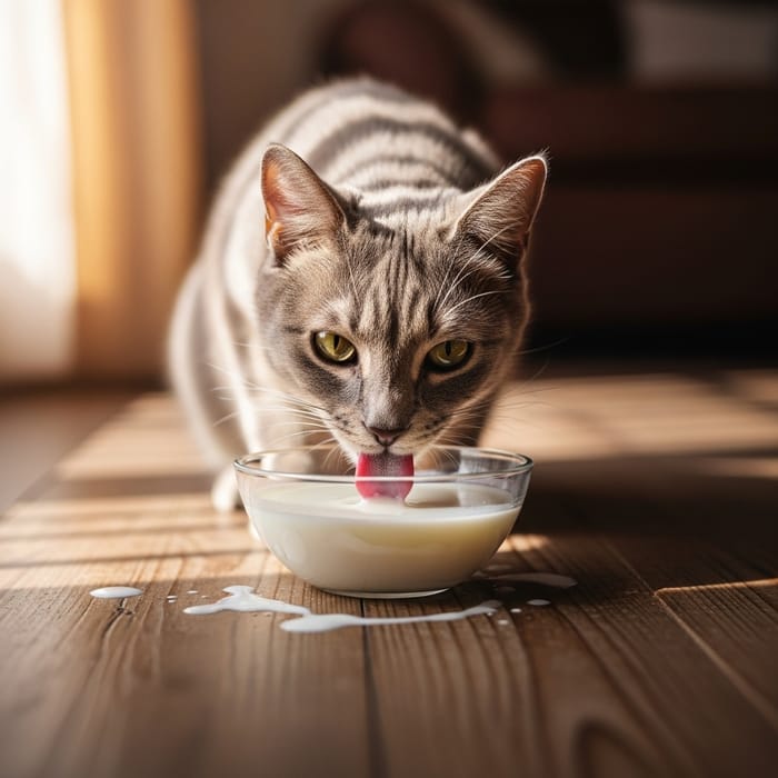 Adorable Cat Drinking Milk in Sunlit Setting