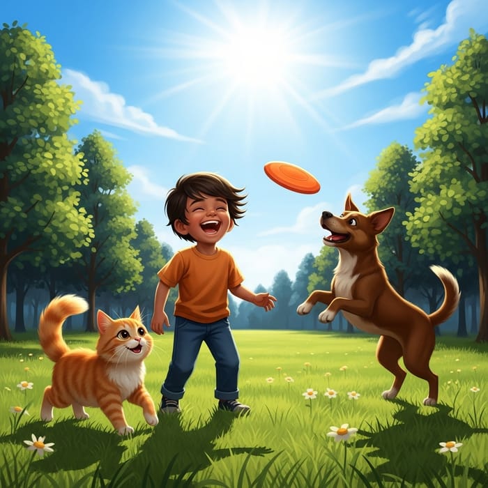 Kid Playing with Cat and Dog: Joyful Interaction in Meadow Kid Playing with Cat and Dog: Joyful Interaction in Meadow