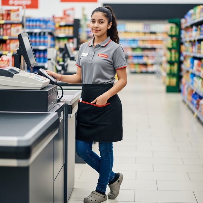 16-Year-Old Cashier in Special Attire Standing Sideways 16-Year-Old Cashier in Special Attire Standing Sideways