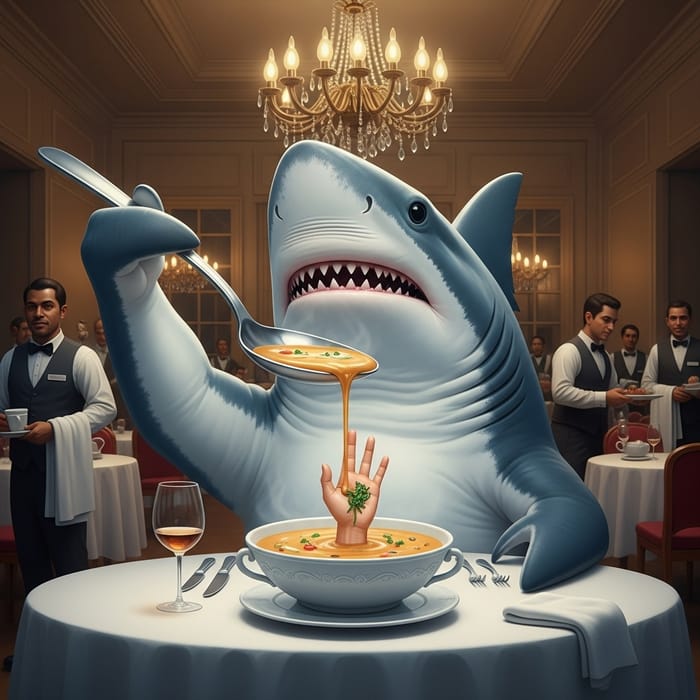 Shark Dining on Human Hand in Fancy Restaurant Soup Shark Dining on Human Hand in Fancy Restaurant Soup