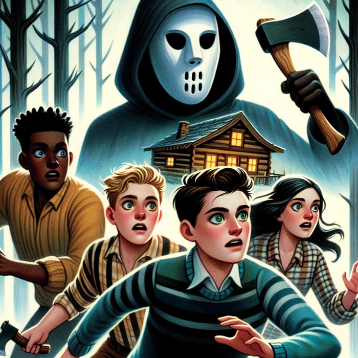 Diverse Characters Escape Haunted Cabin with Axe-wielding Killer