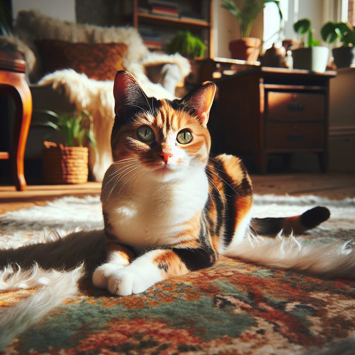 Beautiful Calico Cat on Plush Rug - Cozy Room Scene