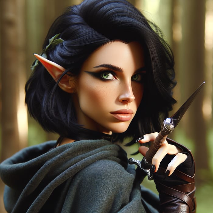 Half-Elf Rogue with Black Hair and Green Eyes