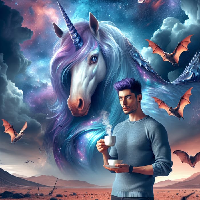 Magic in the Desert: Unicorn & Purple-Haired Man Tea Time