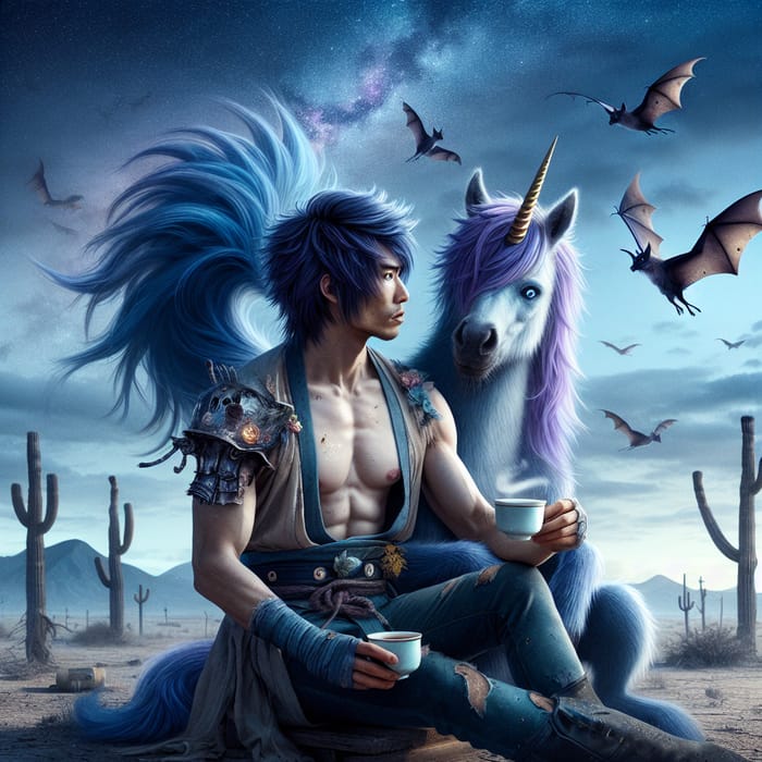 Mystical Unicorn & Japanese Man in Apocalyptic Setting