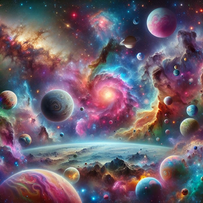 Colorful Cosmic Landscape with Nebula, Planets & Galaxy