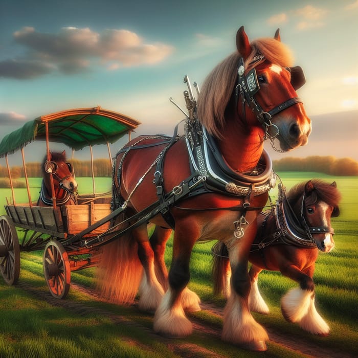 Beautiful Scene with Majestic Horse and Playful Pony Pulling Rustic Cart