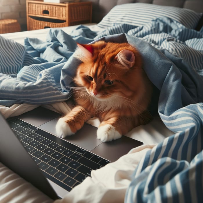 Cat Working on Laptop in Bed: Adorable and Productive Scene