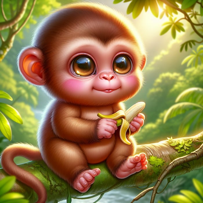 Adorable Baby Monkey in Lush Rainforest | Cute Brown Fur & Pink Face