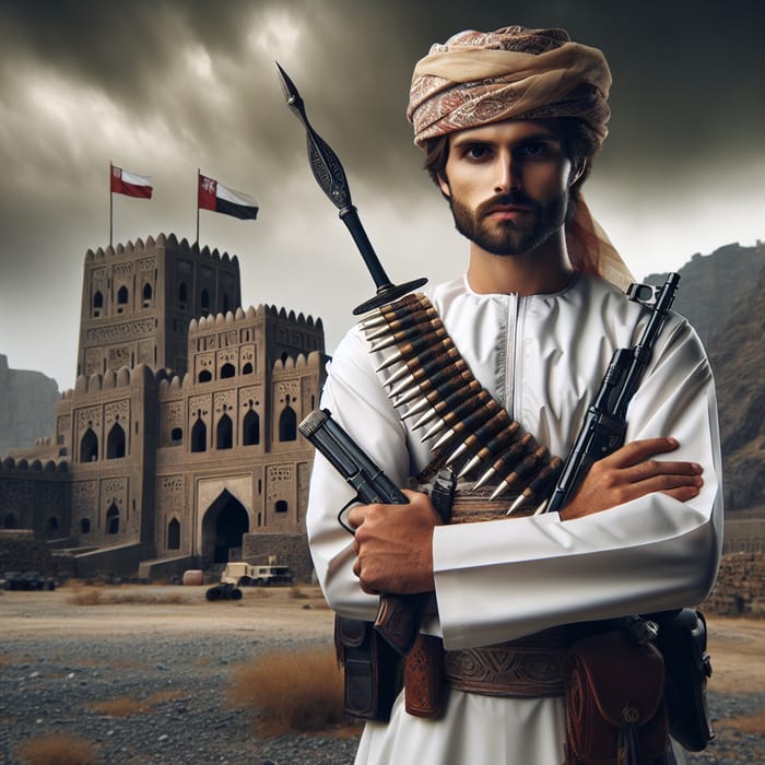 Omani Man in Traditional Attire with Dagger, Sword, Rifle, and Ancient Babha Castle in a Sandstorm